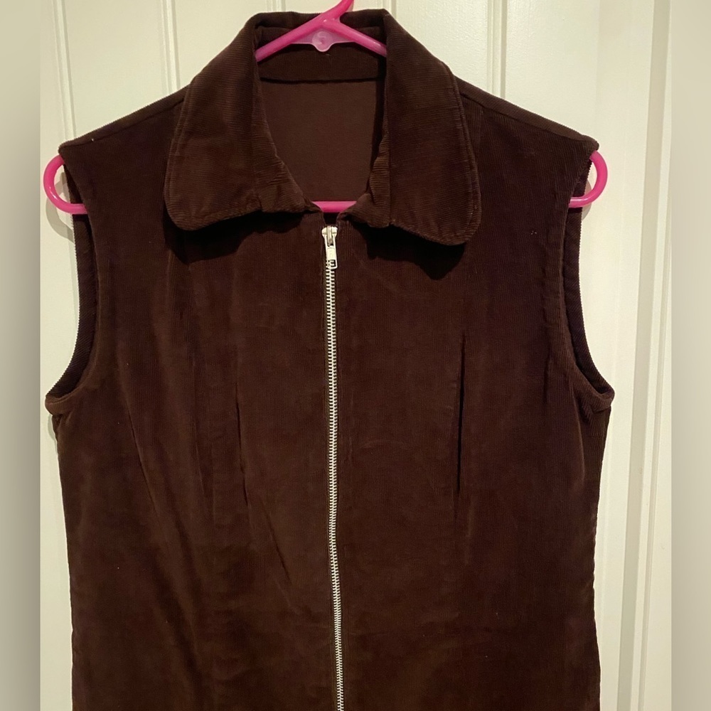 Retro Vintage Brown women corduroy dress, sleeveless sz Large, zip up, 70s style - Picture 2 of 6